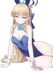 Rule 34 | 1girl, animal ear hairband, animal ears, bare arms, bare shoulders, blonde hair, blue archive, blue bow, blue bowtie, blue eyes, blue hairband, blue leotard, bow, bowtie, breasts, cleavage, detached collar, fake animal ears, hair bow, hairband, highres, kouji (campus life), leotard, long hair, looking at viewer, official alternate costume, official alternate hairstyle, playboy bunny, rabbit ear hairband, rabbit ears, solo, strapless, strapless leotard, thighhighs, toki (blue archive), toki (bunny) (blue archive), white thighhighs, wrist cuffs