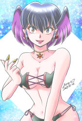 1girl :d aononmi bare_arms bare_shoulders bikini black_bikini black_hair breasts brown_eyes cleavage collarbone earrings heart heart_earrings highres jewelry kurama_(urusei_yatsura) looking_at_viewer medium_breasts multicolored_hair navel necklace open_mouth pointy_ears purple_hair side-tie_bikini_bottom smile solo strapless strapless_bikini swimsuit two-tone_hair urusei_yatsura