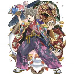 Rule 34 | 1boy, azel (gate of nightmares), black eyes, clothing request, gate of nightmares, grey hair, hand fan, highres, holding, holding fan, japanese clothes, katana, looking at viewer, mashima hiro, official alternate costume, official art, oil-paper umbrella, sandals, short hair, simple background, socks, spiked hair, sword, transparent background, umbrella, weapon, white socks
