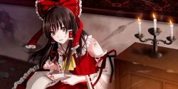 Rule 34 | 1girl, ascot, bow, brown eyes, brown hair, calligraphy, calligraphy brush, candle, candlestand, commentary, detached sleeves, english commentary, frilled bow, frilled hair tubes, frills, game cg, hair bow, hair tubes, hakurei reimu, highres, holding, holding calligraphy brush, holding paintbrush, indoors, ink, long hair, looking at viewer, official art, ofuda, paintbrush, red bow, red skirt, ribbon-trimmed sleeves, ribbon trim, shijima tohiro, skirt, skirt set, solo, third-party source, touhou, touhou lostword, yellow ascot