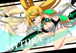1girl ayasato_karen bent_over blonde_hair breasts chest_jewel cleavage core_crystal_(xenoblade) dress highres holding holding_sword holding_weapon large_breasts long_hair mythra_(xenoblade) short_dress simple_background solo_focus sword tiara weapon white_background white_dress xenoblade_chronicles_(series) xenoblade_chronicles_2 yellow_eyes zoom_layer