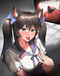 2girls animal_ear_fluff animal_ears black_hair black_skirt blue_bow blue_eyes blush bow cat_ears colored_tips commission female_focus giant giantess hair_bow high-waist_skirt highres kkasi00 multicolored_hair multiple_girls multiple_views original pink_hair pink_nails sailor_collar saliva saliva_trail short_sleeves size_difference skirt teeth tongue tongue_out vore