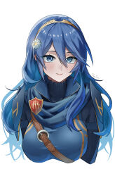 1girl absurdres alternate_breast_size blue_cape blue_eyes blue_hair blush brand_of_the_exalt breasts cape closed_mouth fire_emblem fire_emblem_awakening flower hair_between_eyes hair_flower hair_ornament highres long_hair looking_at_viewer lucina_(fire_emblem) nintendo simple_background smile solo tiara tngtaku upper_body white_background