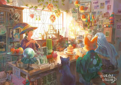 1boy 1girl 1other ^_^ apple bathroom_sign blunt_bangs bottle cabinet cafe cat closed_eyes closed_mouth counter day food fork fruit furry furry_male grapes green_kimono grey_hair hat holding holding_bottle holding_fork holding_knife indoors japanese_clothes kimono knife loaded_interior long_hair long_sleeves mini_flag orange_(fruit) original pancake pancake_stack photo_(object) plant plate ponytail round_eyewear signature sunlight vines wide_sleeves window witch witch_hat yukoiwase