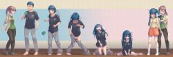 !? 1boy 2girls ? absurdres barefoot black_shirt blue_eyes blue_hair blush breasts brown_eyes brown_hair brown_pants closed_eyes clothes_writing commentary_request couple cup embarrassed genderswap genderswap_(mtf) green_shirt grey_pants grey_socks hairdressing happy highres holding holding_cup jacket long_hair medium_breasts miniskirt mug multiple_girls one_eye_closed open_clothes open_jacket open_mouth orange_skirt original oversized_clothes pants parted_lips ponytail sakatsu_nikara sequential shirt skirt smile socks surprised t-shirt teeth transformation twintails white_socks