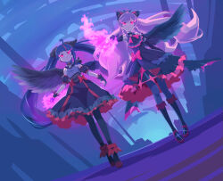 2girls 32zzz angel_wings ankle_boots armor ascot asymmetrical_bangs bare_shoulders black_ascot black_dress black_footwear black_gloves black_nails black_pantyhose black_thighhighs black_wings blue_cape blue_eyes blue_hair boots bow braid brooch cape closed_mouth commentary corruption cure_prism cure_sky cure_sky_(dark) cut_bangs dark_persona detached_sleeves dress dress_bow dutch_angle elbow_gloves english_commentary expressionless feather_hair_ornament feathered_wings feathers fingerless_gloves flaming_eyes frilled_dress frills full_body gloves glowing glowing_eyes glowing_fist green_eyes grey_dress grey_gloves hair_ornament highres hirogaru_sky!_precure jewelry knee_boots layered_dress long_hair looking_at_viewer magical_girl medium_dress multicolored_hair multiple_girls nail_polish nijigaoka_mashiro pantyhose parted_lips pauldrons possessed possession precure puffy_detached_sleeves puffy_sleeves purple_hair red_bow red_dress red_eyes short_dress shoulder_armor side_braids single_pauldron single_sidelock single_wing skearhead sleeveless sleeveless_dress sora_harewataru spiked_pauldrons standing streaked_hair thighhighs torn_cape torn_clothes twin_braids twintails two-sided_dress two-sided_fabric two-tone_dress very_long_hair waist_bow wing_brooch wing_hair_ornament wings