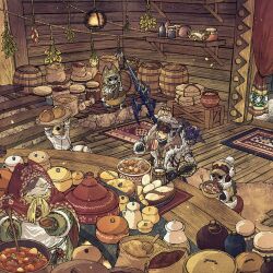 1boy animal barrel bowl bread bread_bun cat clothed_animal coat crate curtains eating felyne food fur-trimmed_coat fur-trimmed_headwear fur_trim herb_bundle highres holding holding_bowl indoors jar loaf_of_bread meat monster_hunter_(character) monster_hunter_(series) monster_hunter_wilds rug scarf stew stirring toriga white_coat wooden_floor yellow_scarf