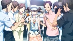 2girls 5boys :o bag belt black_belt black_bow black_hair black_pants blonde_hair blue_vest bow brooch brown_eyes buttons camera casual collarbone collared_shirt collared_vest dress expressionless flute formal_clothes frown fukuda_tomonori game_cg hair_between_eyes hair_bow highres holding holding_camera holding_microphone instrument interview jacket jewelry koujiro_frau leaf_print looking_to_the_side microphone multiple_boys multiple_girls multiple_hair_bows non-web_source official_art open_mouth orange_dress pants pendant recorder robotics;notes sash shiny_eyes shirt short_hair shoulder_bag sidelocks skirt skirt_suit sleeveless sleeveless_dress sleeveless_vest suit suit_jacket surrounded twintails very_short_hair vest waist_sash white_shirt yellow_jacket yellow_suit