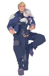 2boys age_difference armor arms_around_waist between_legs blonde_facial_hair blonde_hair blue_eyes blush commentary_request facial_hair final_fantasy final_fantasy_vii final_fantasy_vii_ever_crisis fingerless_gloves glenn_lodbrok gloves grey_hair hand_on_another&#039;s_ass highres holding hug jacket male_focus multiple_boys pants sephiroth sephiroth_(ever_crisis) short_hair shoulder_armor sitting smile standing tan very_short_hair yaoi zc_furuya