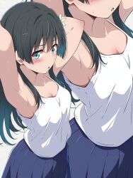 Rule 34 | 1girl, absurdres, armpits, arms behind head, black hair, blue eyes, blue skirt, blush, borgbutler, breasts, camisole, commentary, flower, hair flower, hair ornament, highres, long hair, looking at viewer, open mouth, saten ruiko, shirt tucked in, simple background, skirt, sleeveless, toaru kagaku no railgun, toaru majutsu no index, white camisole, white flower, zoom layer