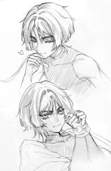 Rule 34 | 1boy, bishounen, blunt ends, bodysuit, bound, bound wrists, bridal gauntlets, clenched hands, closed eyes, closed mouth, covered collarbone, eyelashes, facing down, female pov, fingernails, genshin impact, graphite (medium), greyscale, hacwss, hatching (texture), hetero, highres, japanese clothes, kimono, kissing hair, linear hatching, male focus, mandarin collar, middle ring, monochrome, open clothes, open kimono, pov, scaramouche (genshin impact), short sleeves, sketch, sleeveless, sleeveless bodysuit, smile, thick eyebrows, traditional media, tsurime, wispy bangs