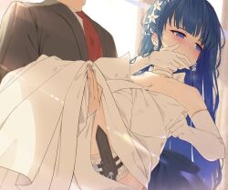 1boy 1girl bare_shoulders black_jacket blue_archive blue_eyes blue_hair blush breasts carrying choker cleavage commentary covering_own_mouth dress elbow_gloves embarrassed flower gloves hair_flower hair_ornament hasu202mm highres jacket long_hair looking_to_the_side necktie official_alternate_costume princess_carry red_necktie saori_(blue_archive) saori_(dress)_(blue_archive) shirt sidelocks thigh_sheath white_choker white_dress white_flower white_gloves white_shirt