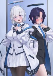 2girls absurdres alternate_hair_length alternate_hairstyle black_halo black_pantyhose black_skirt blue_archive blue_necktie blunt_bangs blush breasts halo headgear highres jacket large_breasts long_sleeves looking_at_viewer mechanical_halo medium_breasts miniskirt multiple_girls necktie noa_(blue_archive) okokorika open_mouth pantyhose pleated_skirt purple_eyes purple_hair short_hair skirt two-sided_fabric two-sided_jacket white_hair white_halo white_jacket white_skirt yuuka_(blue_archive)
