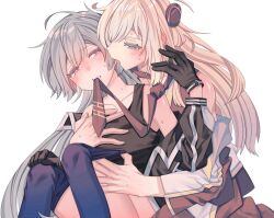 Rule 34 | 2girls, bare shoulders, black gloves, black shirt, blonde hair, blue eyes, blue thighhighs, blush, duel monster, ear licking, emptyayya, gloves, grey hair, highres, holding necktie, licking, long hair, mouth hold, multiple girls, necktie, off shoulder, purple eyes, red necktie, shirt, simple background, sky striker ace - raye, sky striker ace - roze, tears, thighhighs, upper body, white background, yu-gi-oh!, yuri