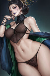 Rule 34 | 1girl, bare shoulders, black eyes, black hair, black lips, black myth: wukong, black nails, blue robe, bra, breasts, commentary, cowboy shot, earrings, english commentary, facial mark, forehead mark, fourth sister (black myth: wukong), green robe, hair ornament, highres, jewelry, lipstick, makeup, medium breasts, mixed-language commentary, multicolored robe, navel, neoartcore, paid reward available, panties, patreon username, robe, runny makeup, solo, tassel, thai commentary, toned, toned female, underwear, wide sleeves