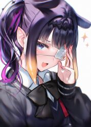 Rule 34 | 1girl, :d, absurdres, black bow, black bowtie, blue eyes, blunt bangs, bow, bowtie, collared shirt, commentary, eyepatch, fang, gradient hair, grey sweater, hand up, highres, hololive, hololive english, long sleeves, looking at viewer, maru ccy, medical eyepatch, mole, mole under eye, multicolored hair, ninomae ina&#039;nis, ninomae ina&#039;nis (school uniform), official alternate costume, official alternate hairstyle, open mouth, orange hair, pointy ears, purple hair, shirt, short hair, sidelocks, simple background, skin fang, sleeves past wrists, smile, solo, sweater, symbol-only commentary, tentacle hair, v-neck, virtual youtuber, white background, white shirt