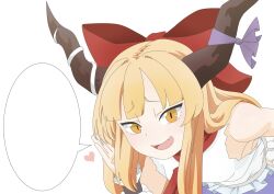 1girl blank_speech_bubble blonde_hair bow breasts brown_horns commentary_request fang frilled_shirt frills hair_bow hair_intakes hand_up heart highres horn_bow horn_ornament horns ibuki_suika kurohiba leaning_forward long_hair looking_at_viewer oni open_mouth orange_eyes purple_bow red_bow shirt sidelocks simple_background sleeveless sleeveless_shirt small_breasts smile smug solo speech_bubble textless_version touhou upper_body white_background white_shirt