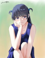 1girl alternate_costume bare_arms basori_tiara blue_dress blue_eyes blush closed_mouth collarbone commentary dress english_commentary hair_ornament head_rest highres long_hair looking_to_the_side lyuuki make_heroine_ga_oo_sugiru! signature sitting sleeveless sleeveless_dress solo two_side_up
