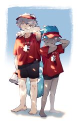 2boys absurdres animal_ears arknights barefoot bear_ears black_shorts blue_hair chameleon_tail dark-skinned_male dark_skin dochiyan_owo ethan_(arknights) grey_hair hat highres holding holding_megaphone jaye_(arknights) lifeguard looking_at_another male_focus megaphone multiple_boys open_mouth pointy_ears red_hat red_shirt shirt shorts spiked_hair sweatdrop tail visor_cap vitiligo whistle whistle_around_neck
