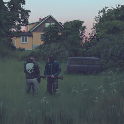 2boys adidas building car denim flower grass gun highres hood hood_down hoodie house jacket jeans motor_vehicle multiple_boys pants rust short_hair shotgun simon_stalenhag skull_print swedish_machines track_jacket tree very_short_hair weapon wisteria