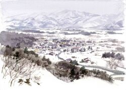 absurdres bare_tree building day forest highres masuyama_osamu mountainous_horizon nature no_humans original painting_(medium) scenery snow town traditional_media tree watercolor_(medium)