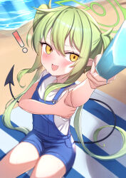 ! 1girl armpits beach bikini bikini_under_clothes blue_archive blue_bikini blue_overalls blush breasts commentary demon_girl demon_tail earrings embarrassed food green_hair green_halo halo highres holding holding_food holding_popsicle jewelry loli long_hair nozomi_(blue_archive) open_mouth outdoors overalls pointy_ears popsicle shirt sitting small_breasts solo swimsuit symbol-only_commentary tail twintails uneg very_long_hair watermark wavy_mouth web_address white_shirt yellow_eyes