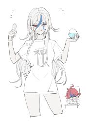 1boy 1girl ahoge blue_eyes blue_hair bowl chibi chibi_inset cleaning cowboy_shot cropped_legs heterochromia highres holding holding_bowl holding_spoon light_blush long_hair long_shirt looking_at_viewer maid multicolored_hair palme310 red_eyes red_hair rice_bowl short_hair simple_background spoon streaked_hair sumino_takumi the_hundred_line_-last_defense_academy- tongue tongue_out v&#039;ehxness white_background white_hair