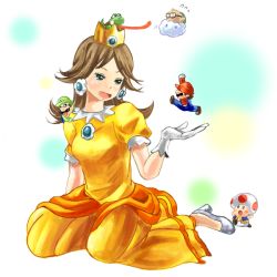 1girl 3boys :o blue_eyes blush brown_hair cloud crown dress facial_hair giant giantess hat jumping lakitu long_tongue luigi mario mario_(series) mini_person miniboy multiple_boys mustache nintendo princess_daisy sitting super_mario_bros._1 super_mario_land toad_(mario) tongue tongue_out yokozuwari yoshi