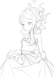 Rule 34 | 1girl, back bow, blue archive, bow, collarbone, dress, earrings, expressionless, frilled dress, frills, hair up, halo, hashcurantodash, highres, hina (blue archive), hina (dress) (blue archive), horns, jewelry, jitome, looking at viewer, looking to the side, monochrome, necklace, official alternate costume, single sidelock, skirt hold, strapless, strapless dress