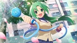 1girl artist_request blue_skirt brown_jacket building clannad crossover emblem game_cg green_eyes green_hair highres higurashi_no_naku_koro_ni higurashi_no_naku_koro_ni_mei hikarizaka_private_high_school_uniform hose jacket long_hair long_sleeves non-web_source official_art open_mouth outdoors pink_petals school_uniform skirt smile solo sonozaki_mion sparkle spraying tree water water_drop