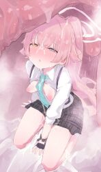 Rule 34 | 1boy, 1girl, black gloves, black skirt, blue archive, blue eyes, blue necktie, blush, breasts, breasts out, collared shirt, emanonta, fingerless gloves, gigantic penis, gloves, halo, hetero, heterochromia, highres, hoshino (blue archive), long hair, long sleeves, looking at penis, looking up, necktie, nipples, penis, pink hair, shirt, skirt, small breasts, solo focus, very long hair, white halo, white shirt, yellow eyes