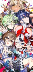 5girls :d absurdres animal_ears black_hair blonde_hair blue_eyes blue_hair brown_eyes brown_hair ceres_fauna commentary_request confetti dark-skinned_female dark_skin double_v green_hair grin hakos_baelz hand_on_another&#039;s_back highres holocouncil hololive hololive_english hololive_idol_uniform_(bright) looking_at_viewer mika_pikazo mouse_ears multicolored_hair multiple_girls nanashi_mumei official_alternate_costume one_eye_closed open_mouth orange_eyes ouro_kronii outstretched_hand red_hair smile streaked_hair tsukumo_sana v virtual_youtuber white_background white_hair yellow_eyes