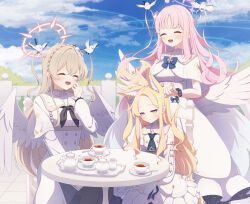 3girls angel_wings animal_ears bird black_bow black_bowtie blonde_hair blue_archive blue_bow blue_bowtie blue_necktie blue_sky bow bowtie braid breasts closed_mouth cloud cloudy_sky crown_braid cup dress fence fox_ears hair_between_eyes halo highres light_brown_hair long_hair matchamassa medium_breasts mika_(blue_archive) multiple_girls nagisa_(blue_archive) necktie on_chair pink_hair pink_halo polka_dot_necktie red_halo seia_(blue_archive) sitting sky small_breasts smile standing table tea_party tea_party_(blue_archive) teacup teapot white_bird white_dress wings yellow_eyes yellow_halo