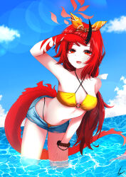 1girl absurdres bangs_pinned_back bare_arms bare_shoulders bent_over bikini blue_archive breasts colored_skin denim denim_shorts dragon_girl dragon_horns dragon_tail hairband highres horns large_breasts long_hair looking_at_viewer multicolored_skin navel noger_(hibiki2542) ocean official_alternate_costume official_alternate_hairstyle open_clothes open_shorts orange_hairband red_eyes red_hair red_skin renge_(blue_archive) renge_(swimsuit)_(blue_archive) short_shorts shorts sidelocks single_horn solo stomach swimsuit tail torn_clothes torn_shorts wristband yellow_bikini