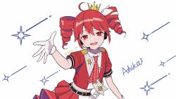 Rule 34 | 1girl, :d, ahoge, alternate costume, ashika (yftcc948), belt, black belt, blush, bow, buttons, crown, double-breasted, drill hair, gloves, hair between eyes, hair bow, hair ribbon, half-closed eyes, headphones, highres, jacket, kasane teto, kasane teto (sv), leaning forward, looking at viewer, microphone, midriff peek, navel, offering hand, open mouth, print background, red eyes, red jacket, red skirt, ribbon, sash, short sleeves, shoulder boards, skirt, smile, solo, star (symbol), star print, synthesizer v, twin drills, upper body, utau, white background, white bow, white gloves, white ribbon