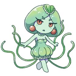 Rule 34 | 1girl, bare shoulders, barefoot, breasts, chibi, chibi only, collarbone, earrings, full body, green hair, jewelry, kato (momota rosan), looking at viewer, medium breasts, medusa (omori), necklace, omori, parted lips, short hair, simple background, solo, tentacles, white background