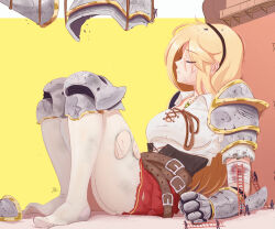1girl amulet armor bandaged_arm bandages belt black_hairband blonde_hair blood breastplate breasts broken_armor bruise bucket cleavage climbing_ladder closed_eyes collared_shirt commentary dated_commentary english_commentary facing_to_the_side furrowed_brow gauntlets giant giantess gold_trim hairband highres holding holding_bucket holding_ladder injury knight ladder medium_breasts miniskirt multiple_others original parted_lips pleated_skirt raps_(yohomeboyraps) red_skirt scratches shirt shoulder_armor skirt socks solo_focus thighhighs torn_clothes torn_thighhighs two-tone_background white_shirt white_socks white_thighhighs