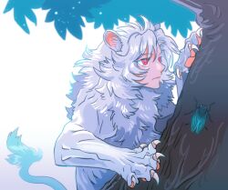 Rule 34 | 1other, ambiguous gender, animal, animal ears, animal hands, body fur, bug, cat boy, cat paws, claws, climbing, climbing tree, closed mouth, expressionless, human head, isaki (shimesaba), leaf, mane, monster boy, original, plant, red eyes, solo, sphinx, tail, tree, white fur, white hair