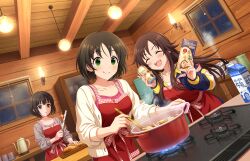 3girls apron black_hair bread brown_hair ceiling_light closed_eyes cooking_pot fire food game_cg green_eyes harada_miyo himekawa_yuki holding idolmaster idolmaster_cinderella_girls idolmaster_cinderella_girls_starlight_stage indoors jacket milk_carton multiple_girls official_art open_mouth smile steam stove table takafuji_kako teapot window wooden_wall yellow_eyes