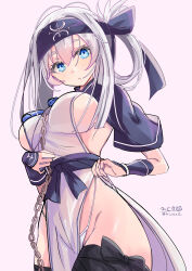 1girl absurdres ainu_clothes artist_name bandana blue_eyes blush breasts cropped_jacket dress folded_ponytail gradient_background hair_between_eyes headband highres hizaka kamoi_(kancolle) kantai_collection large_breasts long_hair long_sleeves looking_at_viewer panties pelvic_curtain pink_background sideboob sidelocks smile solo thick_eyebrows thighhighs twitter_username underwear white_hair white_panties wrist_guards