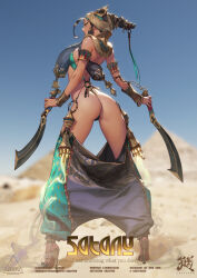 1girl absurdres ankh artist_name ass black_hair blue_sky blurry blurry_background bracelet breasts clear_sky closed_mouth commentary crazyred dark-skinned_female dark_skin day desert dual_wielding english_commentary english_text eyeliner from_behind green_eyeliner green_eyes hair_ornament high_heels highres holding holding_sword holding_weapon instagram_username jewelry legs_apart looking_at_viewer makeup making-of_available medium_breasts o-ring original outdoors profile pyramid_(structure) red_eyeliner revealing_clothes sand sideways_glance sky smoke solo standing sword thong twitter_username usekh_collar weapon