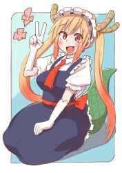 1girl :d blonde_hair blue_background blue_dress blush border breasts collared_shirt dragon_girl dragon_horns dragon_tail dress elbow_gloves fang flower frills gloves gradient_hair hand_up horns kobayashi-san_chi_no_maidragon large_breasts large_tail long_hair looking_at_viewer maid maid_headdress multicolored_hair necktie netarou_(pixiv38022156) open_mouth orange_eyes orange_hair outside_border pinafore_dress puffy_short_sleeves puffy_sleeves red_eyes red_necktie scales seiza shadow shirt short_sleeves sitting sleeveless sleeveless_dress slit_pupils smile solo tail tohru_(maidragon) twintails v very_long_hair white_border white_gloves white_shirt