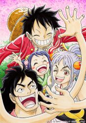 Rule 34 | 2boys, 2girls, black eyes, black hair, clenched teeth, closed eyes, commentary, earrings, english commentary, facial scar, green hair, hair ornament, hair stick, hat, highres, horns, jewelry, kouzuki momonosuke, kurozumi tama, long hair, monkey d. luffy, multicolored hair, multicolored horns, multiple boys, multiple girls, official art, one eye closed, one piece, oni, oni horns, purple hair, red shirt, scar, scar on cheek, scar on face, shirt, short hair, smile, straw hat, teeth, third-party source, translation request, unworn hat, unworn headwear, wavy hair, white hair, yamato (one piece)