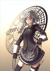 Rule 34 | 1girl, 2019, alternate costume, apron, between fingers, black skirt, black thighhighs, braid, breasts, chain, character name, collared shirt, copyright name, female focus, fingerless gloves, gloves, highres, holding, holster, izayoi sakuya, knife, koumajou densetsu, koumajou densetsu 2, maid, maid headdress, pinstripe pattern, pinstripe shirt, pocket watch, purple eyes, shirt, short hair, side braids, signature, silver hair, skirt, small breasts, solo, striped, thigh holster, thighhighs, throwing knife, touhou, twitter username, waist apron, watch, watermark, weapon, wrist cuffs, zhvo