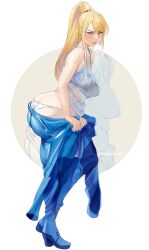 1girl absurdres ass bambooale belly blonde_hair blue_bodysuit bodysuit bra_strap breasts curvy hair_between_eyes hairband high_heels high_ponytail highres large_breasts looking_at_viewer metroid nintendo panties parted_lips partially_undressed ponytail red_hairband samus_aran sidelocks signature simple_background skin_tight solo sweat tank_top underwear white_panties white_tank_top wide_hips zero_suit
