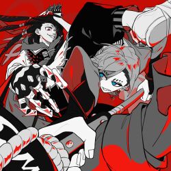 black_hair blue_eyes braid claw_(weapon) gachiakuta gauntlets grey_hair grin highres holding holding_weapon hood jabber_wonger long_hair migiteria red_background red_eyes red_hair shoes smile weapon zanka_nijiku