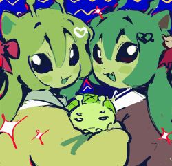 2girls alien antennae bow cardigan evil_neuro-sama green_cardigan green_eyes green_hair hair_bow highres indie_virtual_youtuber little_green_men long_hair looking_at_viewer multiple_girls neuro-sama open_mouth pasharuu pink_bow smile sparkle turtle upper_body vedal987 virtual_youtuber