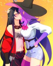 2girls ascot belt black_hair black_pants blush breasts bridal_gauntlets cape character_request closed_eyes commentary copyright_request cowboy_shot crop_top cropped_shirt english_commentary eyebrows_hidden_by_hair framedodge goggles goggles_around_neck hand_on_another&#039;s_head hand_on_own_hip hat jacket kiss long_hair medium_breasts midriff multiple_girls navel off-shoulder_jacket off-shoulder_shirt off_shoulder pants pink_ascot pink_hair pointy_ears print_shirt puffy_sleeves punk purple_cape red_jacket shirt sidelocks small_breasts thighhighs torn_clothes torn_shirt unitard very_long_hair white_shirt witch_hat yuri zettai_ryouiki
