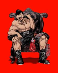 Rule 34 | 1boy, black footwear, black hair, black pants, boxing gloves, boxing shorts, carota327, chair, character name, closed eyes, ear picking, elbow rest, gloves, hajime no ippo, highres, muscular, on chair, open mouth, pants, pompadour, red background, red gloves, scar, scar on chest, sharp teeth, shorts, simple background, sitting on throne, takamura mamoru, tan, teeth, thick eyebrows, throne, yawning