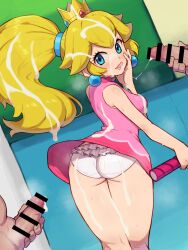 1girl 2boys after_masturbation aqua_eyes ass bar_censor blonde_hair breasts bukkake censored chiwino commission crown cum cum_on_body cum_on_clothes cum_on_hair dress earrings ejaculation facial from_behind highres jewelry large_breasts large_variant_set licking_lips looking_at_viewer looking_back male_masturbation mario_(series) mario_tennis masturbation multiple_boys naughty_face nintendo panties parted_lips penis pink_dress pixiv_commission ponytail princess_peach racket short_dress sideboob smile sphere_earrings tennis_racket tongue tongue_out underwear variant_set white_panties